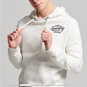 Vintage Superdry Off-White Hoodie with Navy Chest Logo#1